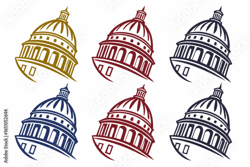Collection of stylized government building domes in various colors isolated on white background