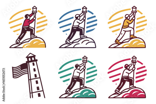 Man climbing to the top of a lighthouse with an american flag