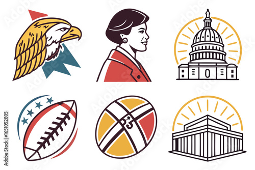 Collection of american symbols and icons including eagle, woman, and government buildings