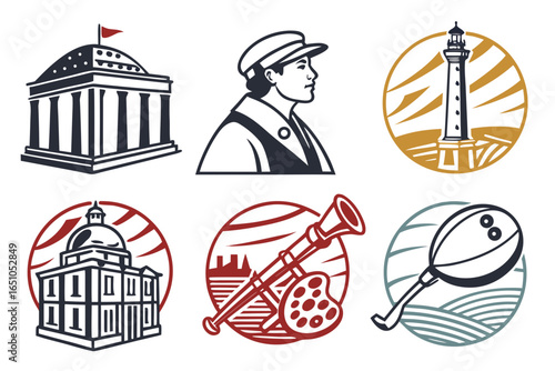Collection of vintage vector icons representing landmarks and professions