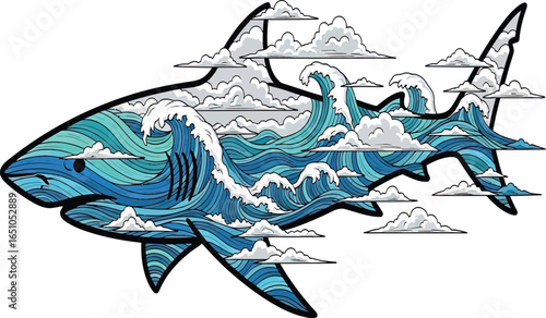 Stylized shark illustration filled with ocean waves and clouds.