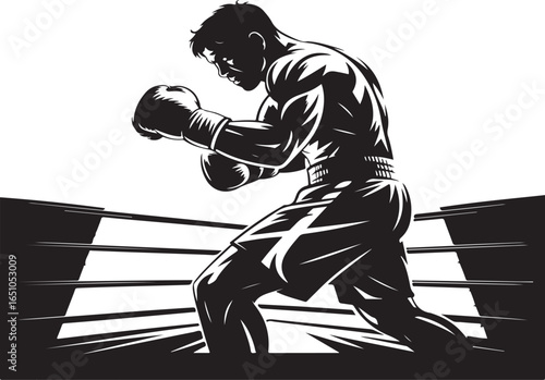 Boxer in fighting stance within the confines of a boxing ring fighter sport