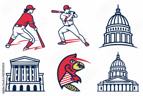 Baseball player, buildings, and cardinal bird illustration