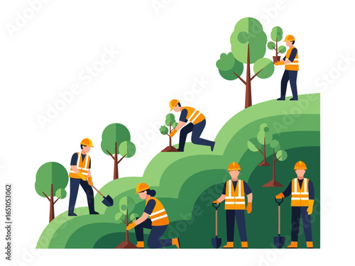 Eco-Volunteers: A collective of eco-conscious individuals, working in unison, planting trees on a vibrant green landscape, fostering a greener planet.