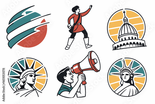 Collection of american symbols and figures, including capitol building and statue of liberty