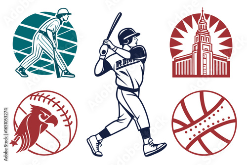 Baseball player swinging bat, eagle, building, and basketball icons