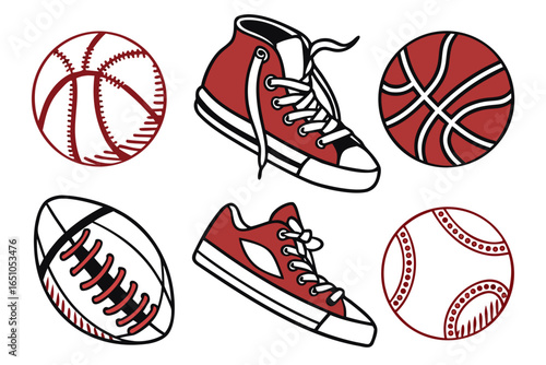 Collection of sports balls and sneakers isolated on white background