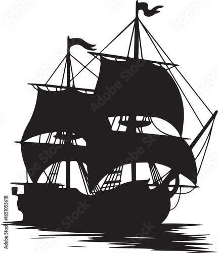Silhouette of a majestic sailing ship with full sails on the water boat vessel
