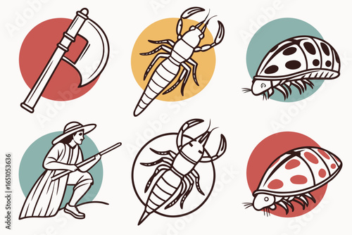 Collection of vintage insect and warrior illustrations with axe