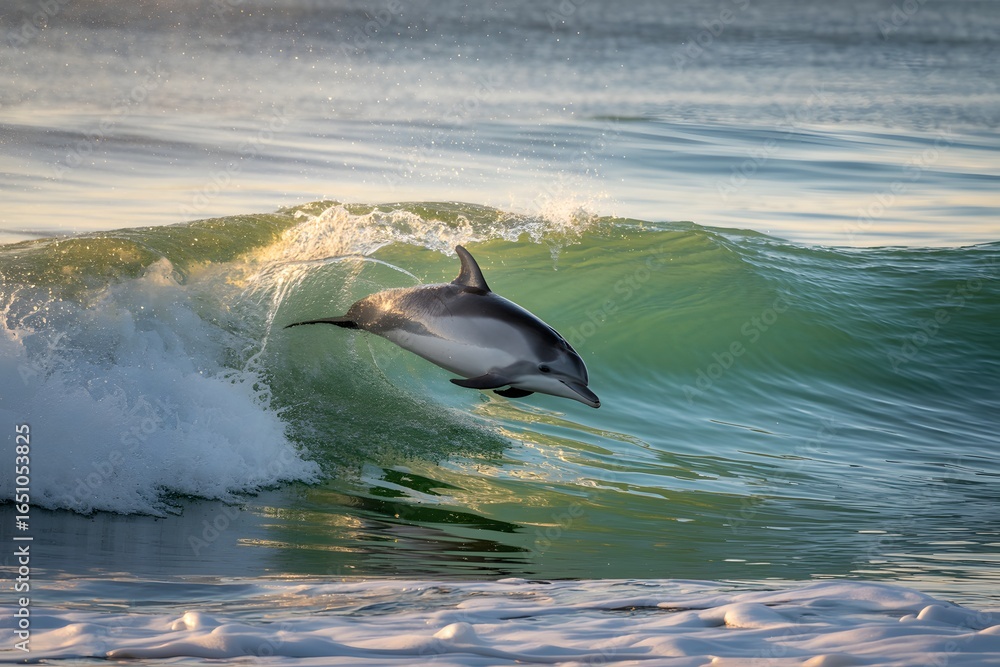 Fototapeta premium Dolphin leaping through a breaking ocean wave at sunset