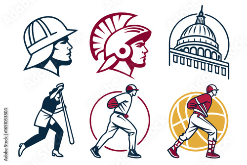 Collection of sports and historical icons, including baseball players and roman helmet