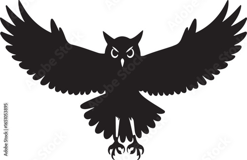 Silhouette of an owl with wings spread wide, looking forward bird wildlife