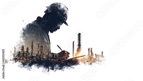 Worker in hard hat with industrial cityscape and notebook