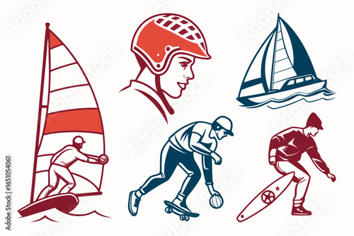 Collection of water and extreme sports icons isolated on white background