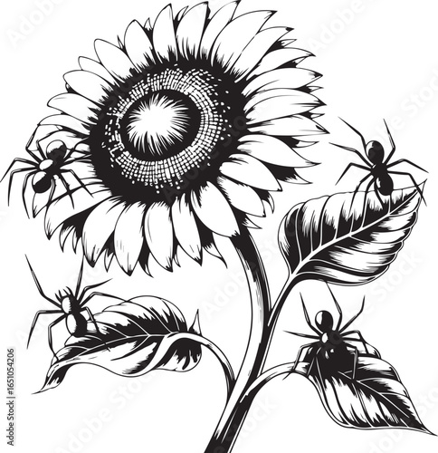 Black and white illustration of a sunflower with spiders on leaves and petals insect arachnid