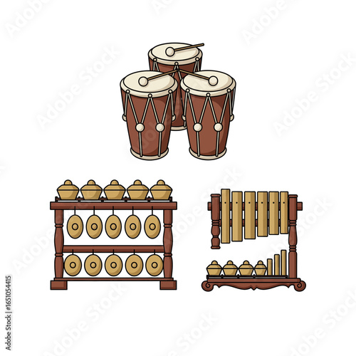 Traditional Gamelan Instruments Kendang Gong and Gambang
