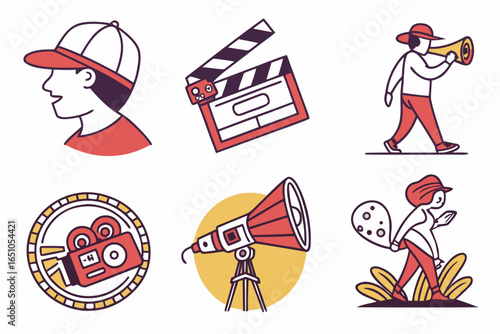Film production icons director, clapperboard, megaphone, camera, and actor