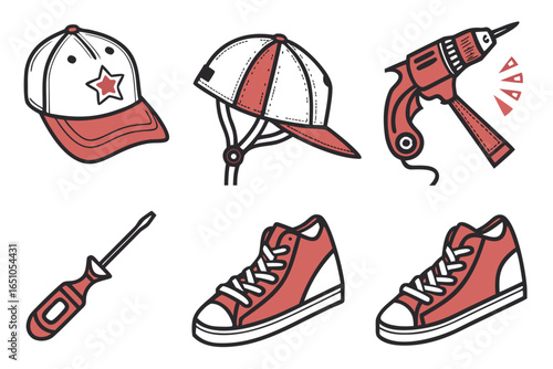Collection of baseball cap, drill, screwdriver, and sneakers isolated on white background