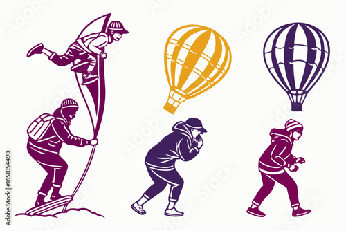 Collection of people enjoying outdoor activities like kite flying and hot air ballooning
