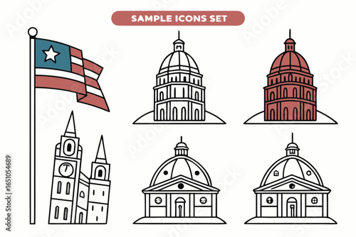 Collection of government building icons and american flag isolated on white background