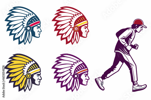 Native american headdress icons and baseball player running isolated on white background