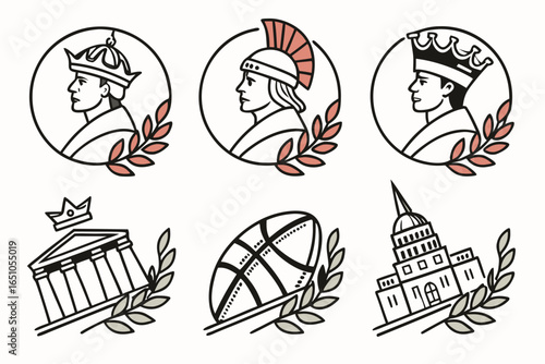 Collection of icons with rulers, buildings, and basketball isolated on white background