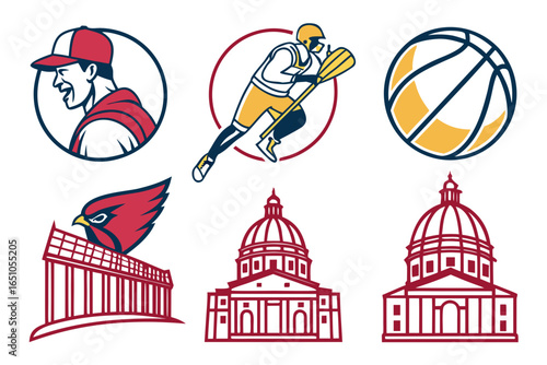 Sports and architecture icons baseball, lacrosse, basketball, stadium, university