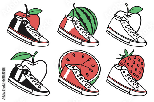 Creative sneakers with fruit designs isolated on white background