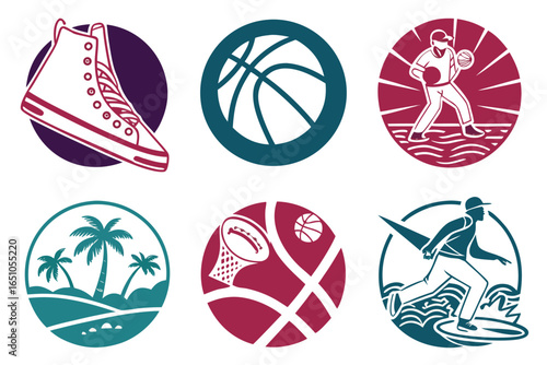 Collection of sports icons including basketball, baseball, surfing, and more