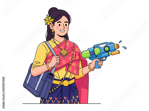 Songkran Celebrant: A vibrant illustration depicts a person celebrating Songkran with a water gun. They radiate joy, showcasing cultural traditions. 