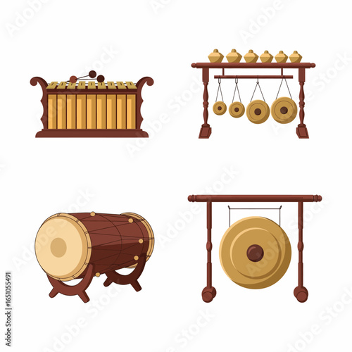 Traditional Gamelan Instruments Kendang Gong and Gambang