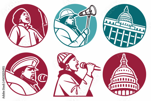 Protest and rally icons featuring speakers, government buildings, and megaphones