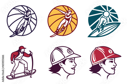 Set of winter and summer sports icons with athletes in action