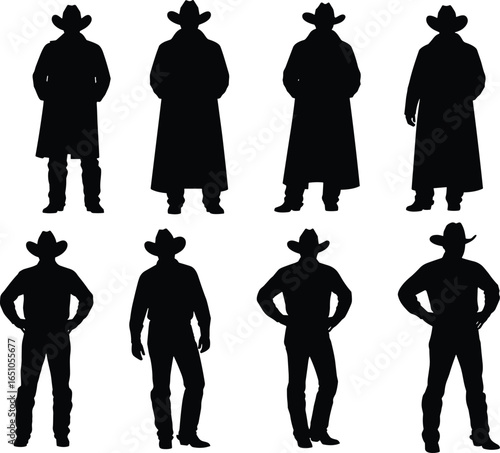Cowboy silhouettes in various western poses, standing and hands on hips, wearing hats and boots, isolated on white background, ranch, rodeo