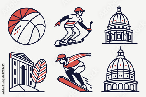 Collection of sports and architecture icons isolated on white background