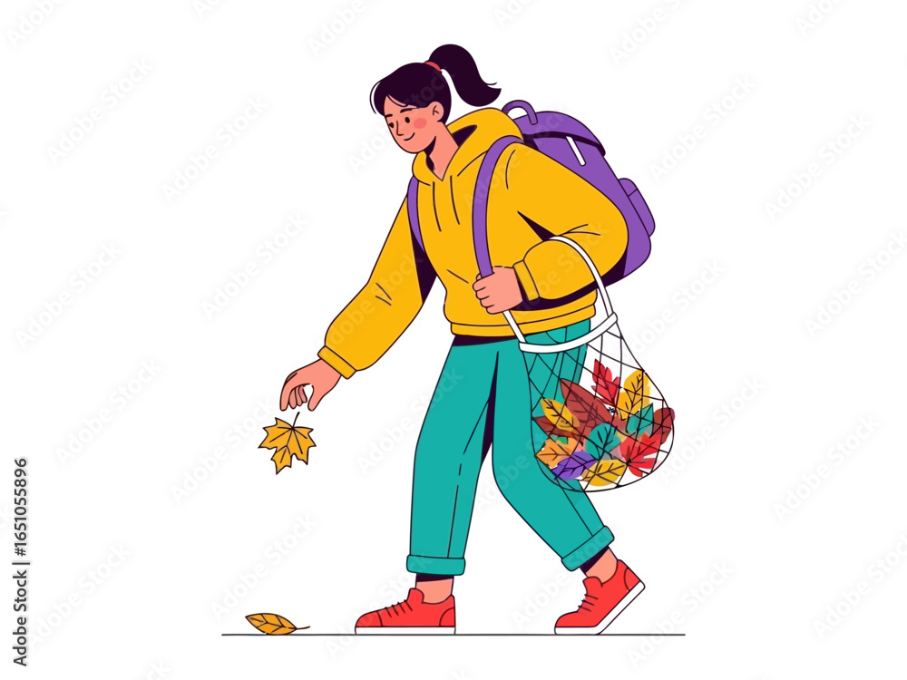 Obraz premium Autumn Stroll: A woman, depicted in vibrant illustration style, takes a leisurely walk through the crisp autumn season, gathering fallen leaves in a reusable bag.