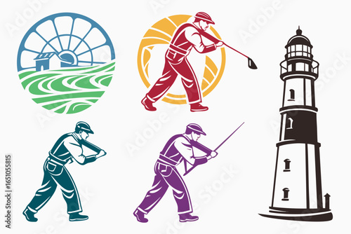 Golfers swinging clubs in various poses, isolated on white background