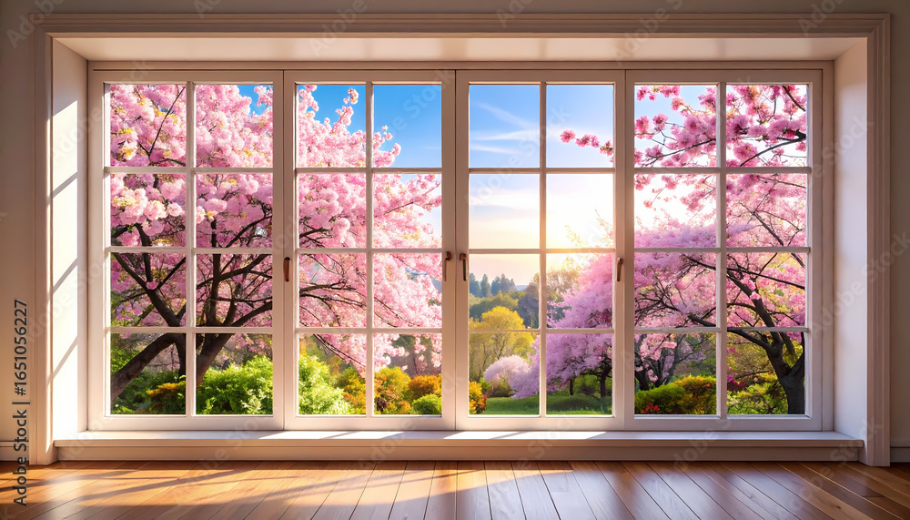 Obraz premium Cherry blossoms view through window