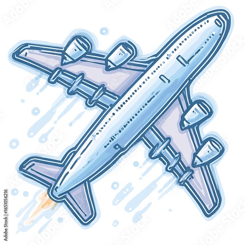 Overhead view of a blue and purple cartoon airplane with jet streams and engine exhaust on