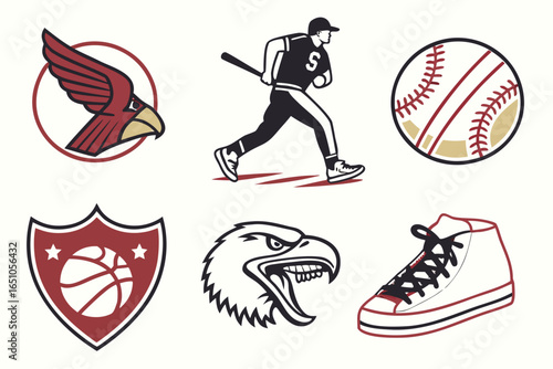 Collection of sports icons including baseball player, eagle, and basketball emblem