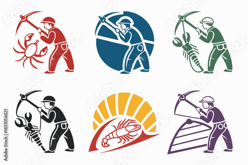 Miner with pickaxe and crustacean symbols