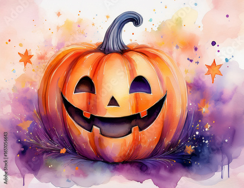 Cute Pop Watercolor Jack-o'-Lantern with Copy Space