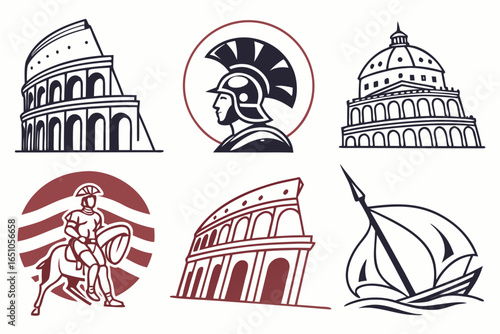 Collection of ancient roman symbols and landmarks isolated on white background