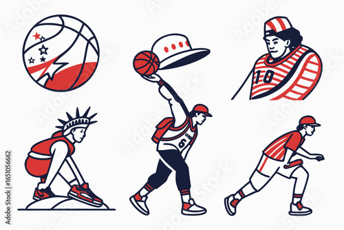 Diverse athletes and sports icons in a stylized illustration