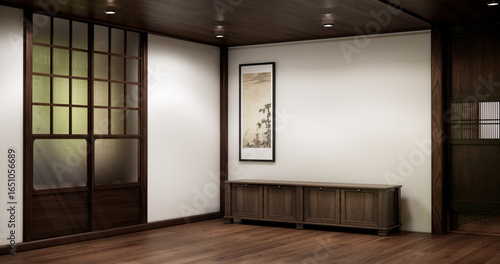 Mock up Cabinet design on earth tone wood room interior modern style .3D rendering