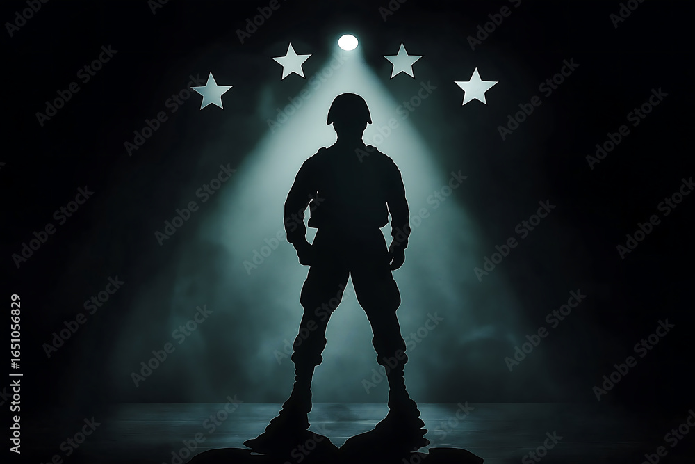 Fototapeta premium Military soldier silhouette with stars background army hero concept