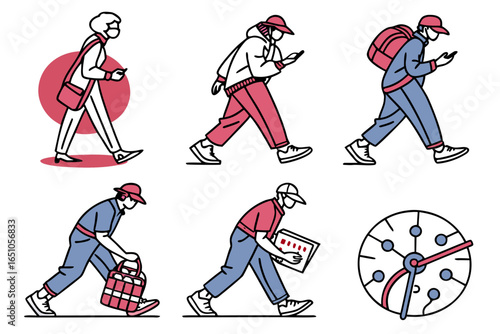 People walking in different styles isolated on white background