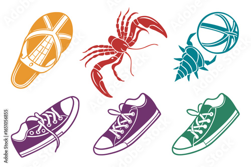 Collection of casual shoes, flip flop, crab and sea creature isolated on white background