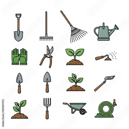 Gardening tools and equipment icons: shovel, rake, watering can, gloves, etc.