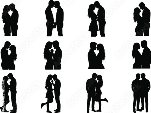Romantic couple silhouette at sunset, love and affection concept, kissing and embracing illustration, Valentine’s Day theme, intimate relationship vector art